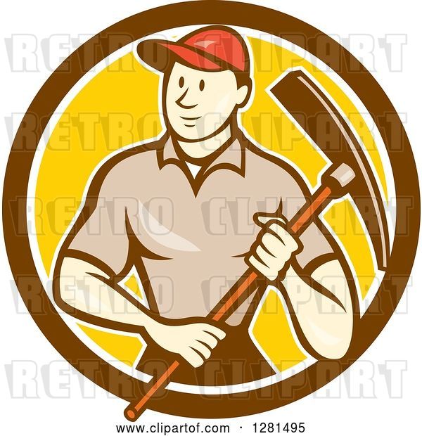 Vector Clip Art of Retro Cartoon Male Construction Worker Holding a Pickaxe in a Brown White and Yellow Circle