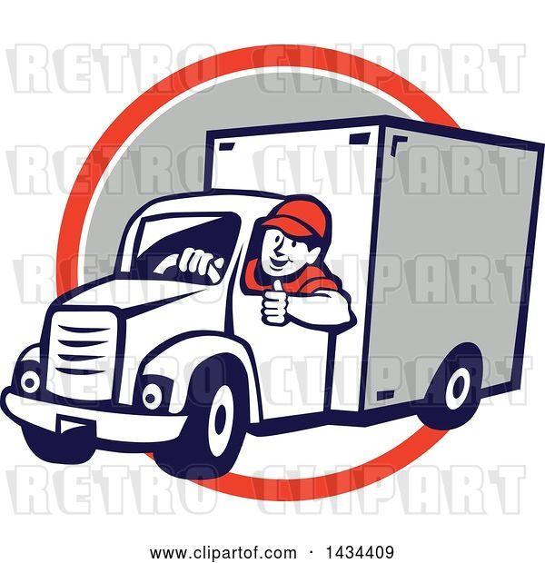Vector Clip Art of Retro Cartoon Male Delivery Driver Giving a Thumb Up, over an Orange, White and Gray Circle