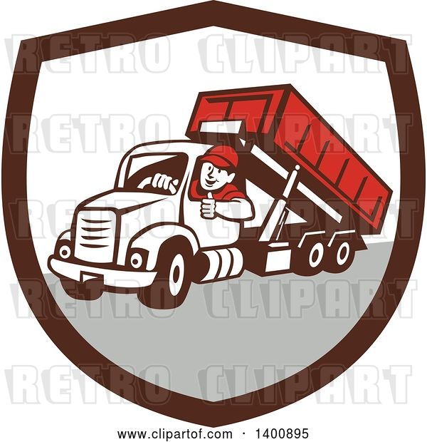 Vector Clip Art of Retro Cartoon Male Dump Truck Driver Giving a Thumb up in a Brown White and Gray Shield
