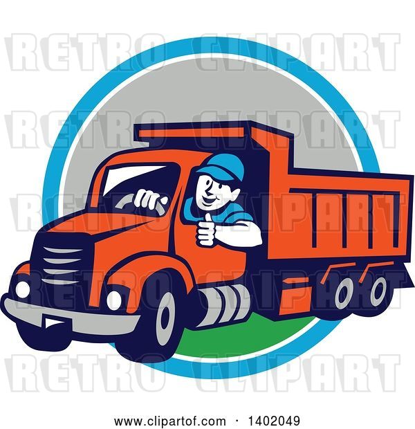 Vector Clip Art of Retro Cartoon Male Dump Truck Driver Giving a Thumb up over a Blue White and Gray Circle