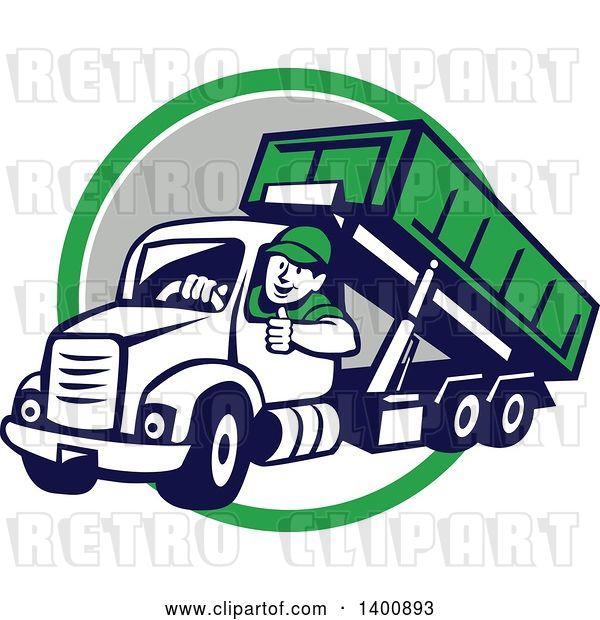 Vector Clip Art of Retro Cartoon Male Dump Truck Driver Giving a Thumb up over a Green White and Gray Circle