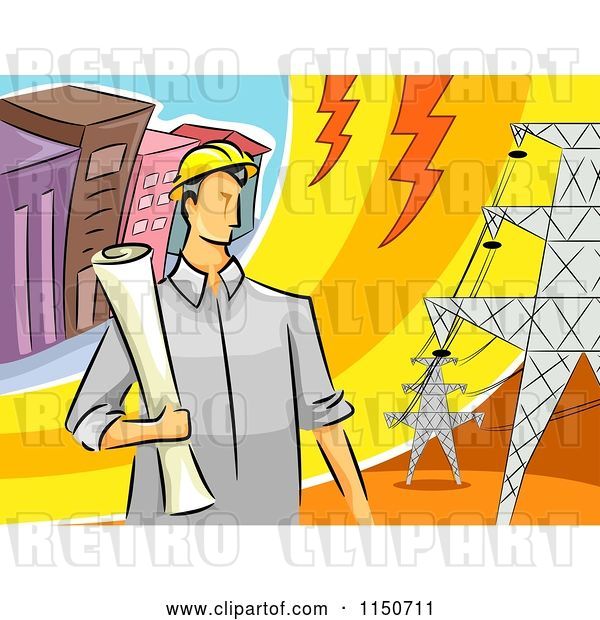 Vector Clip Art of Retro Cartoon Male Electrical Engineer by Transmission Towers
