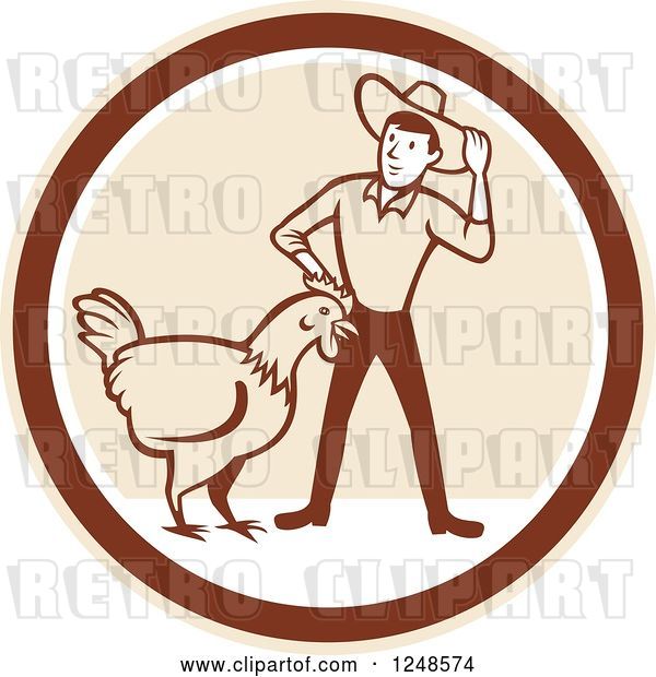 Vector Clip Art of Retro Cartoon Male Farmer and Giant Chicken in a Circle