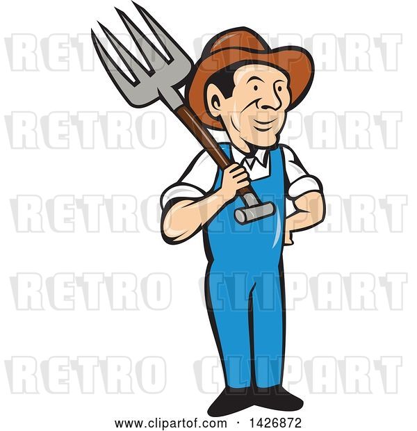 Vector Clip Art of Retro Cartoon Male Farmer or Worker Holding a Pitchfork over His Shoulder