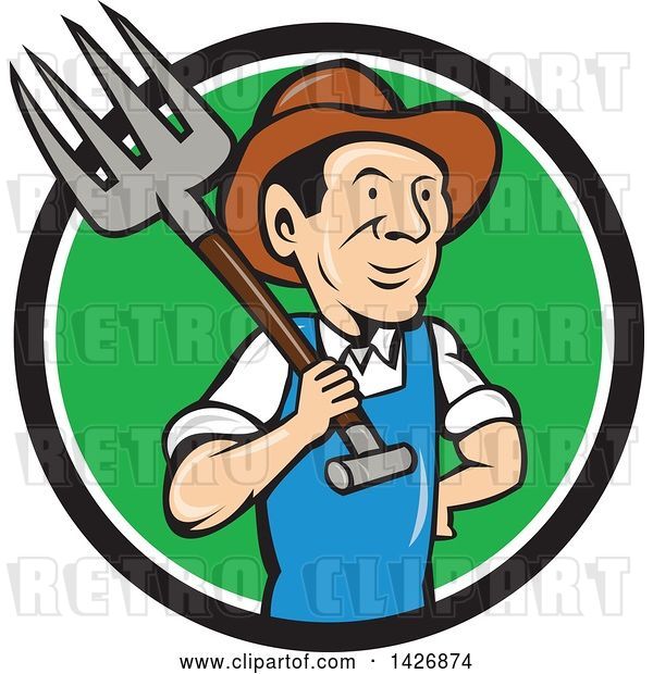 Vector Clip Art of Retro Cartoon Male Farmer or Worker Holding a Pitchfork over His Shoulder, Emerging from a Black White and Green Circle