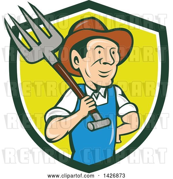 Vector Clip Art of Retro Cartoon Male Farmer or Worker Holding a Pitchfork over His Shoulder, Emerging from a Green, White and Yellow Shield