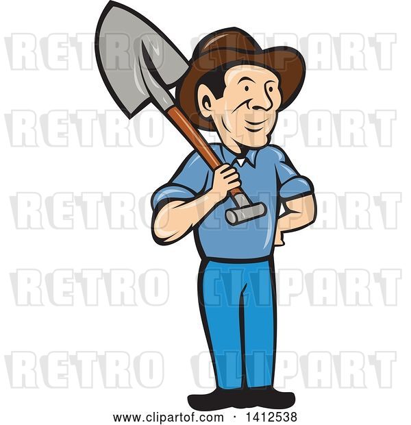 Vector Clip Art of Retro Cartoon Male Farmer Standing with One Hand on His Hip and a Shovel over His Shoulder