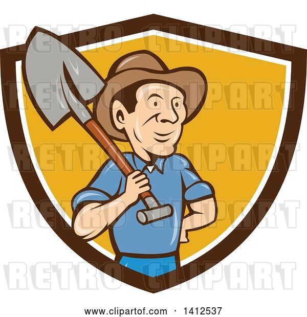 Vector Clip Art of Retro Cartoon Male Farmer Standing with One Hand on His Hip and a Shovel over His Shoulder, Emerging from a Brown White and Orange Shield