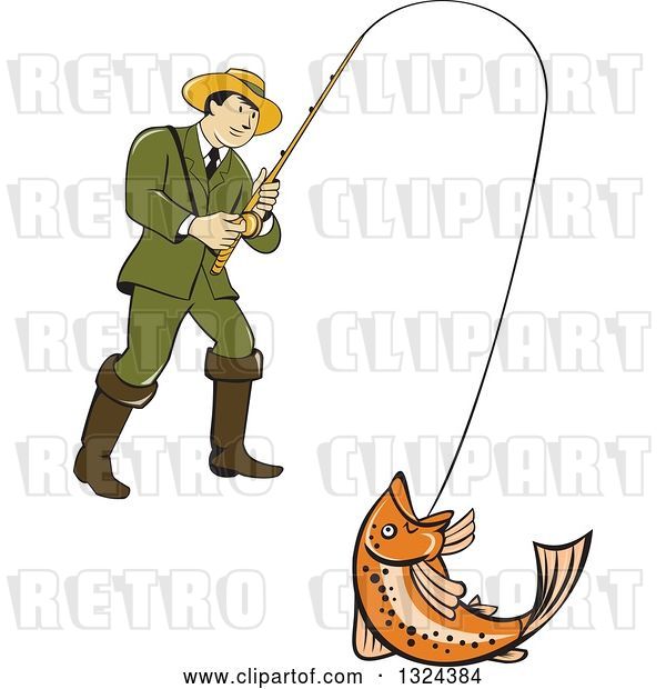 Vector Clip Art of Retro Cartoon Male Fisher Man Reeling in a Rainbow Trout