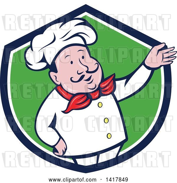 Vector Clip Art of Retro Cartoon Male French Chef Presenting in a Blue White and Green Crest