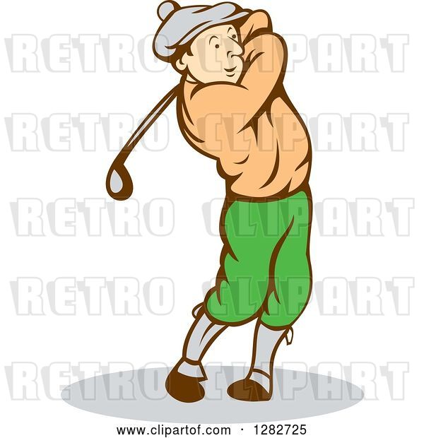 Vector Clip Art of Retro Cartoon Male Golfer Swinging a Club