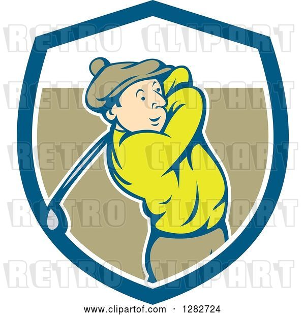 Vector Clip Art of Retro Cartoon Male Golfer Swinging a Club in a Blue White and Brown Shield