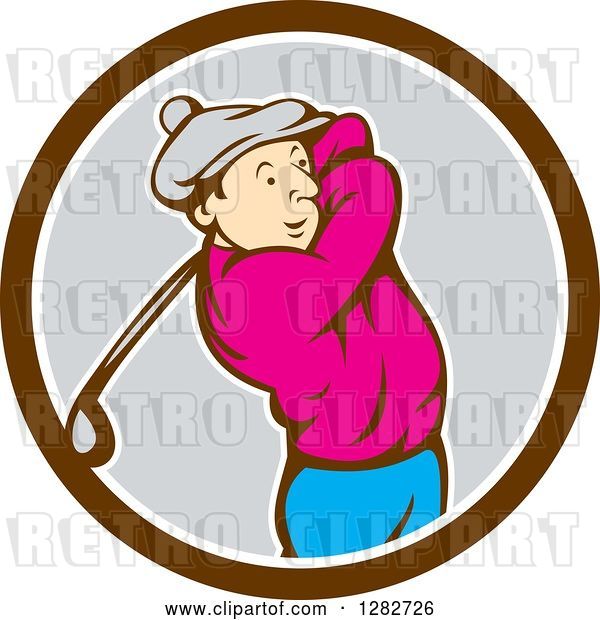 Vector Clip Art of Retro Cartoon Male Golfer Swinging a Club in a Brown White and Gray Circle