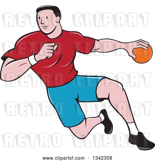 Vector Clip Art of Retro Cartoon Male Handball Player in Action