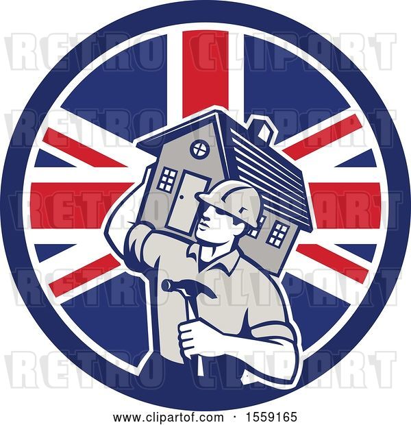 Vector Clip Art of Retro Cartoon Male Home Builder Carrying a House and Hammer in a British Flag Circle