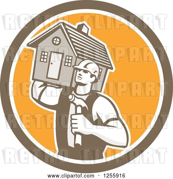 Vector Clip Art of Retro Cartoon Male Home Builder Carrying a House and Hammer in a Circle