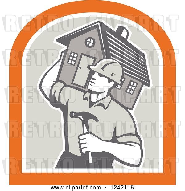 Vector Clip Art of Retro Cartoon Male Home Bulider Carrying a House and Hammer in a Crest