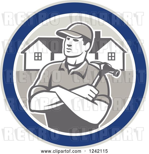 Vector Clip Art of Retro Cartoon Male Home Bulider in a Circle with Houses and a Hammer