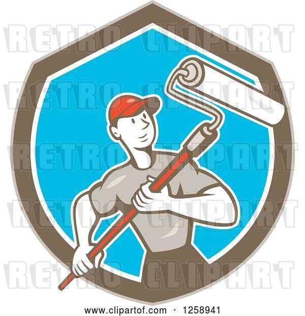 Vector Clip Art of Retro Cartoon Male House Painter with a Roller Brush in a Brown White and Blue Shield