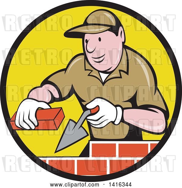 Vector Clip Art of Retro Cartoon Male Mason Worker Laying Bricks in a Black and Yellow Circle