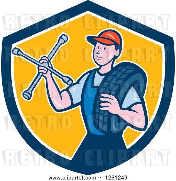 Vector Clip Art of Retro Cartoon Male Mechanic Holding a Socket Wrench and a Tire in a Blue White and Yellow Shield