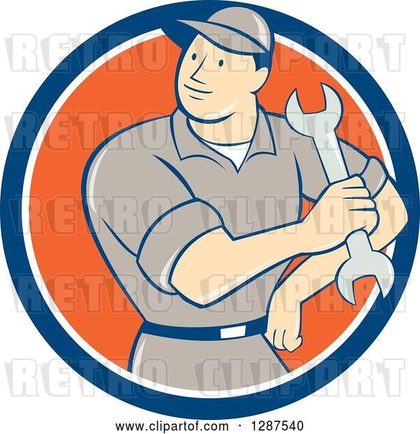Vector Clip Art of Retro Cartoon Male Mechanic Holding a Wrench in a Blue White and Orange Circle