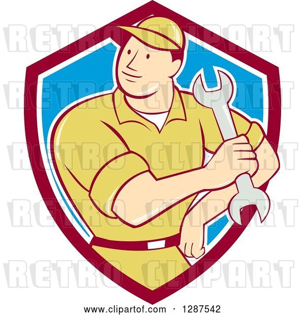 Vector Clip Art of Retro Cartoon Male Mechanic Holding a Wrench in a Maroon White and Blue Shield
