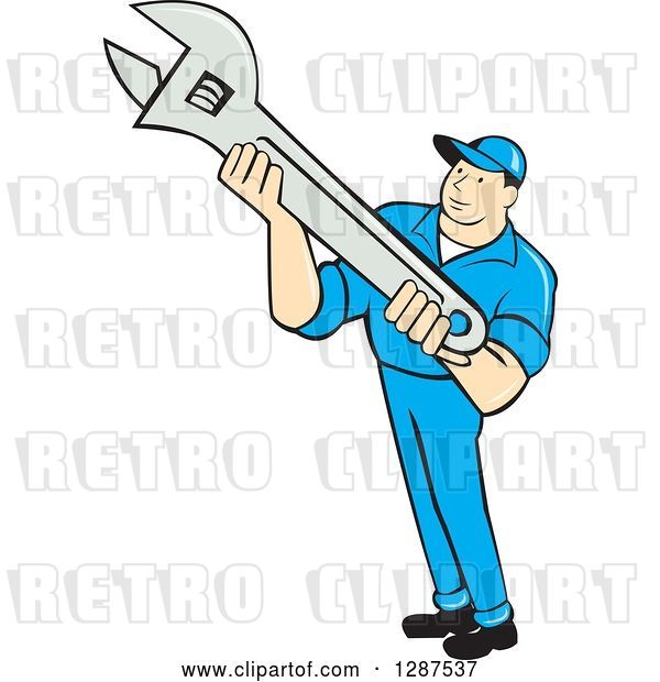 Vector Clip Art of Retro Cartoon Male Mechanic Holding an Adjustable Wrench