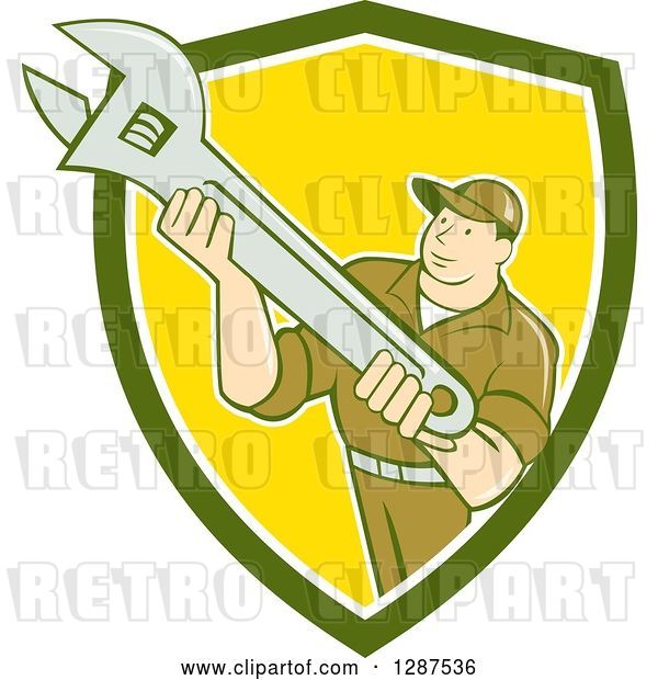 Vector Clip Art of Retro Cartoon Male Mechanic Holding an Adjustable Wrench in a Green White and Yellow Shield