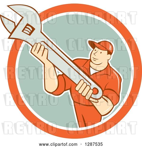 Vector Clip Art of Retro Cartoon Male Mechanic Holding an Adjustable Wrench in an Orange White and Pastel Green Circle