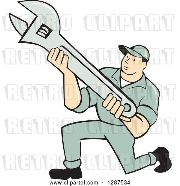 Vector Clip Art of Retro Cartoon Male Mechanic Kneeling and Holding an Adjustable Wrench