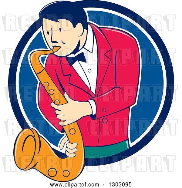 Vector Clip Art of Retro Cartoon Male Musician Playing a Saxophone and Emerging from a Blue and White Circle