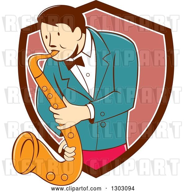 Vector Clip Art of Retro Cartoon Male Musician Playing a Saxophone and Emerging from a Brown White and Pink Shield