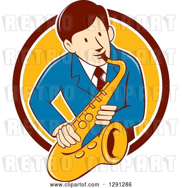 Vector Clip Art of Retro Cartoon Male Musician Playing a Saxophone and Emerging from a Maroon White and Yellow Circle