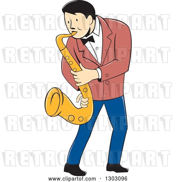 Vector Clip Art of Retro Cartoon Male Musician Playing a Saxophone