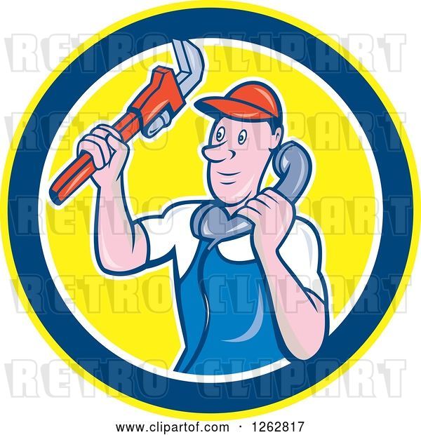 Vector Clip Art of Retro Cartoon Male Plumber Holding a Monkey Wrench and Taking a Call in a Circle