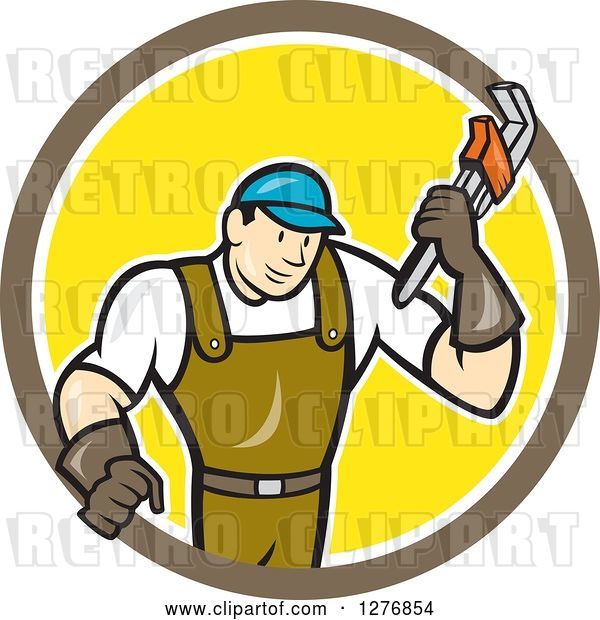 Vector Clip Art of Retro Cartoon Male Plumber Holding a Monkey Wrench in a Brown White and Yellow Circle