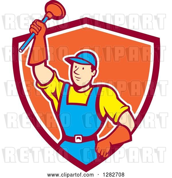 Vector Clip Art of Retro Cartoon Male Plumber Holding up a Plunger in a Red White and Orange Shield