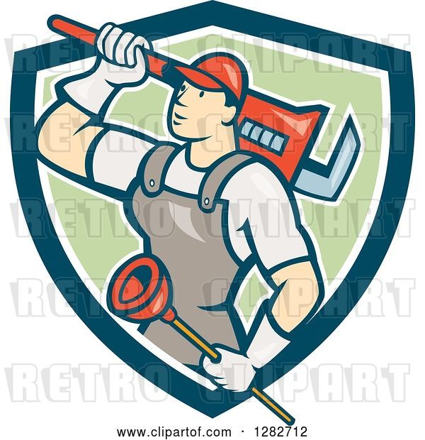 Vector Clip Art of Retro Cartoon Male Plumber with a Giant Monkey Wrench and a Plunger in a Blue White and Green Shield