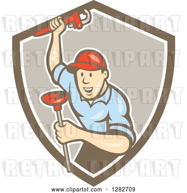 Vector Clip Art of Retro Cartoon Male Plumber with a Monkey Wrench and a Plunger in a Brown and White Shield