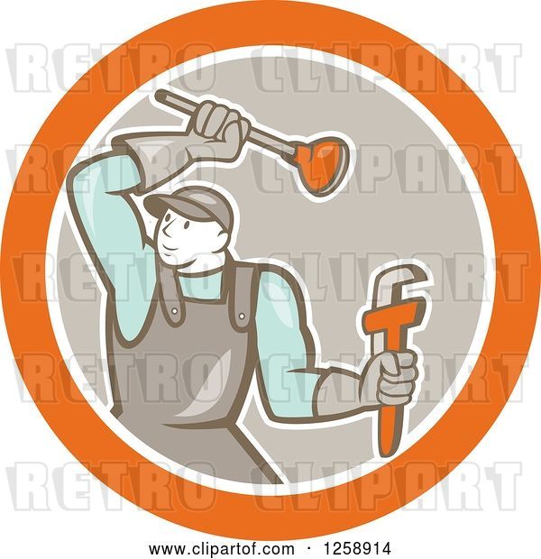 Vector Clip Art of Retro Cartoon Male Plumber with a Plunger and Monkey Wrench in an Orange White and Taupe Circle