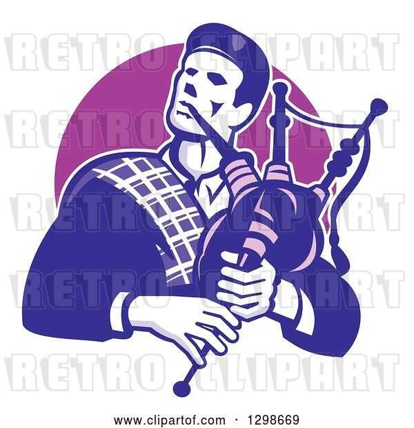 Vector Clip Art of Retro Cartoon Male Scotsman Bagpiper Emerging from a Purple Circle