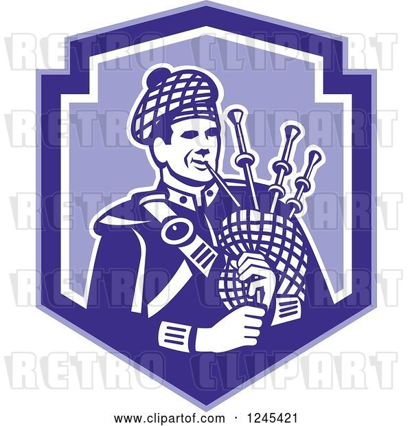 Vector Clip Art of Retro Cartoon Male Scotsman Bagpiper in a Blue Shield