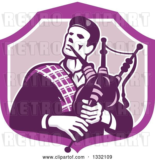 Vector Clip Art of Retro Cartoon Male Scotsman Bagpiper in a Purple and White Shield