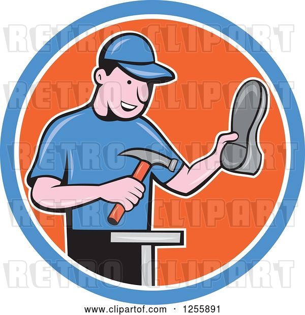 Vector Clip Art of Retro Cartoon Male Shoe Maker Cobbler Working in a Blue White and Orange Circle