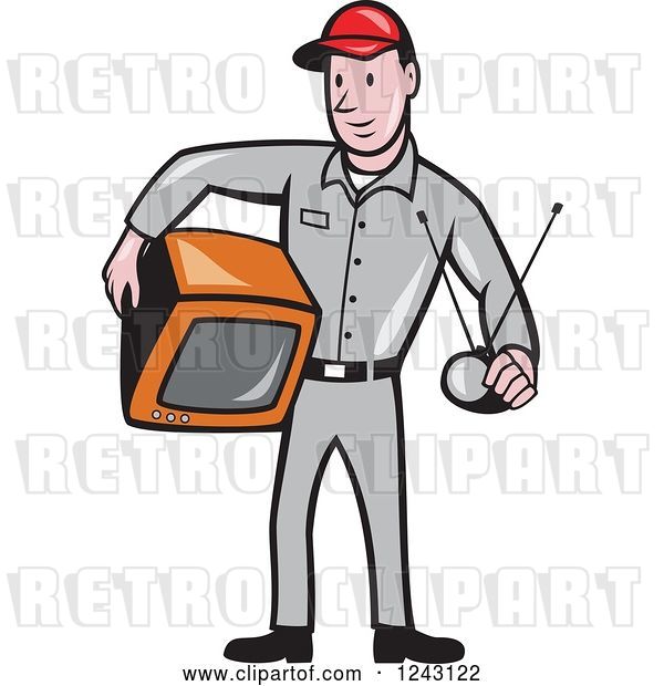 Vector Clip Art of Retro Cartoon Male Television Technician Holding a Tv and Antenna