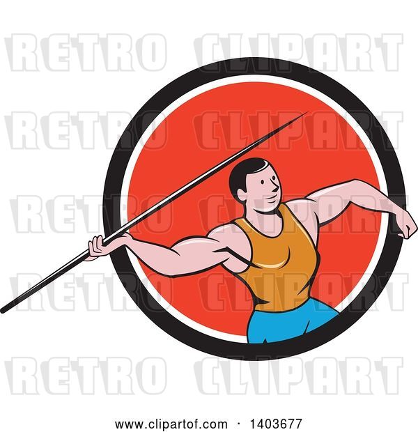 Vector Clip Art of Retro Cartoon Male Track and Field Javelin Thrower in a Black White and Red Circle