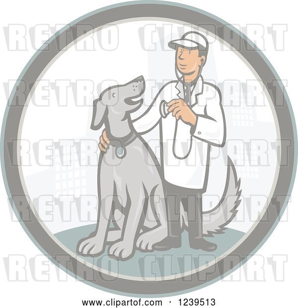 Vector Clip Art of Retro Cartoon Male Veterinarian with a Dog in a City Circle