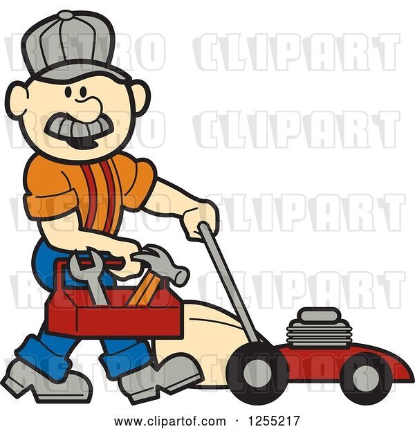 Vector Clip Art of Retro Cartoon Male White Handyman with a Tool Box and Lawn Mower