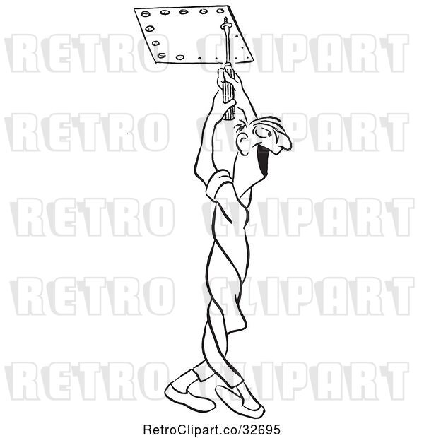Vector Clip Art of Retro Cartoon Male Worker Twisting His Body to Unscrew